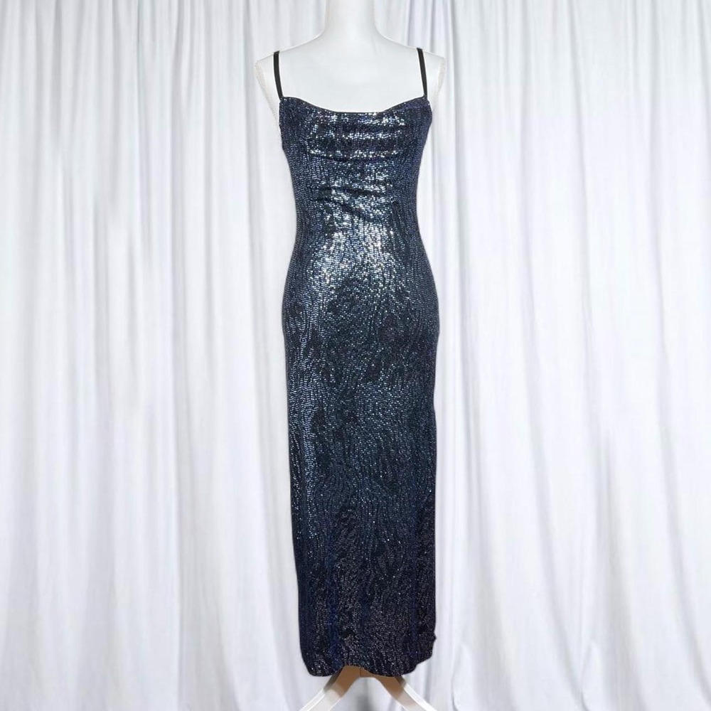 Y2K Bebe Metallic Zebra Print Bodycon Maxi Dress Silver Blue
